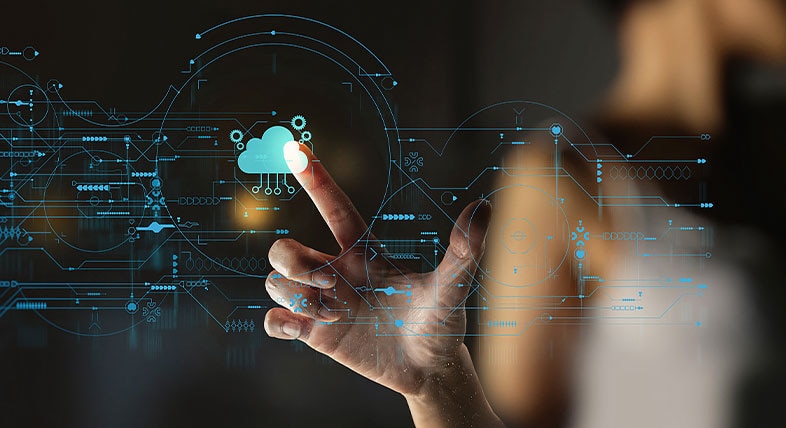 Hand pressing icon of Cloud Computing Technology surrounded by interconnected grids 