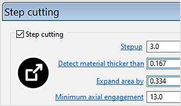 PowerMill interface showing area clearance with Vortex style of machining combined with more efficient step cutting