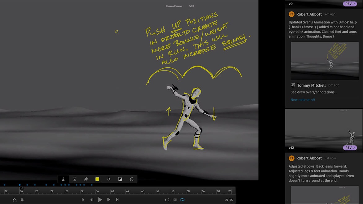 Notes added to running robot using ShotGrid’s RV tool