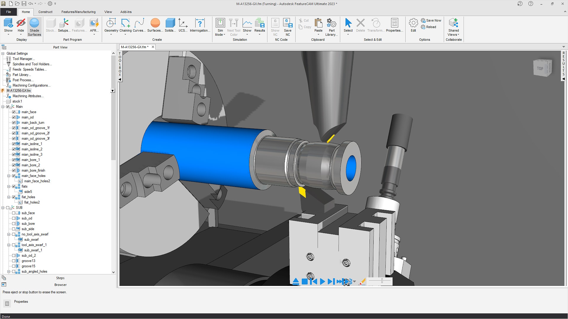 Image showing a cylindrical component being programmed inside FeatureCAM