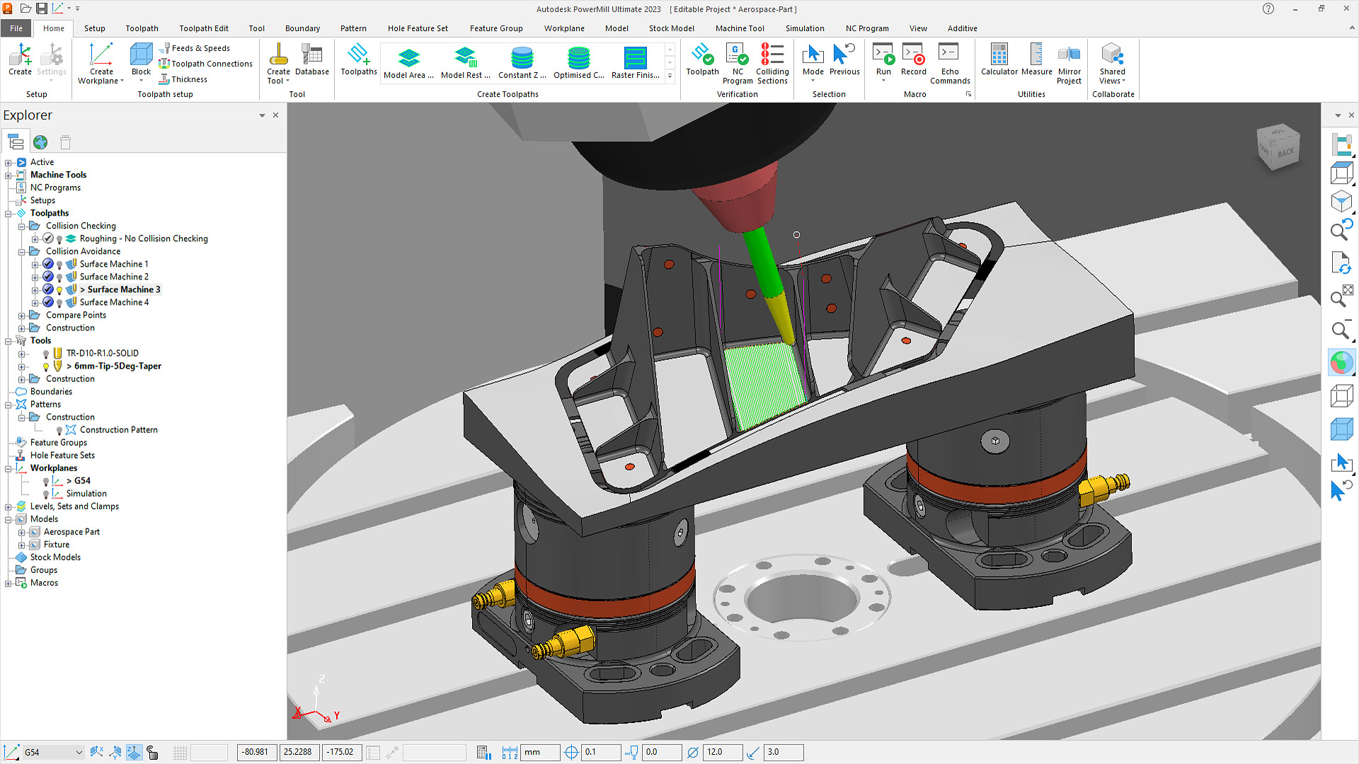 Autodesk PowerMill interface showing project in progress