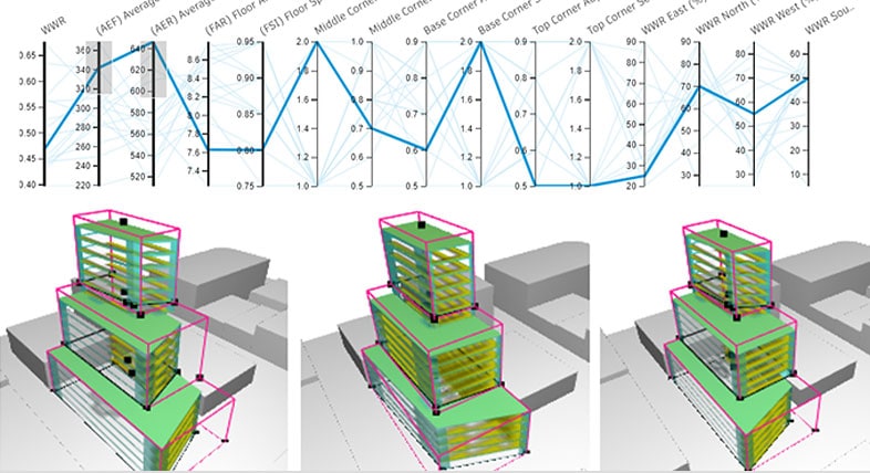 Ten design iterations of a three-story building