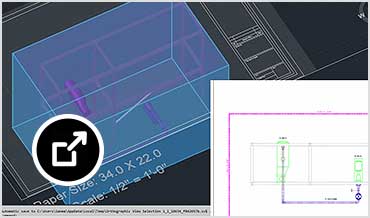 3D model overlaid with panel that displays detailed view of piping orthographic drawing