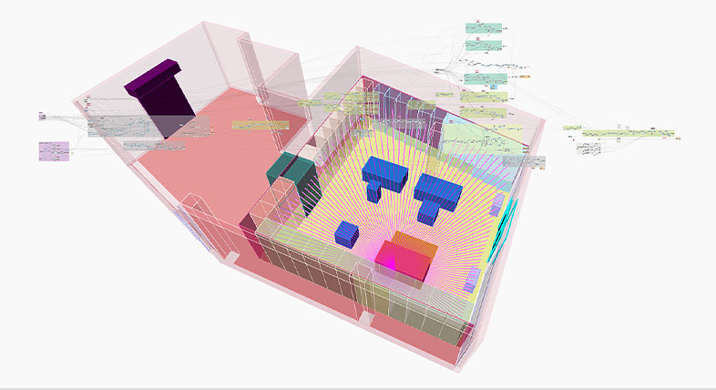 Aerial view looking into a building floorplan and layout 